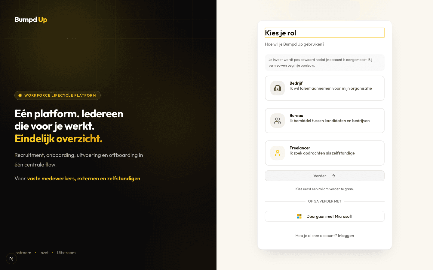 Het aanmeldscherm met drie duidelijk benoemde rolkeuzes, een knop Verder en een link om in te loggen