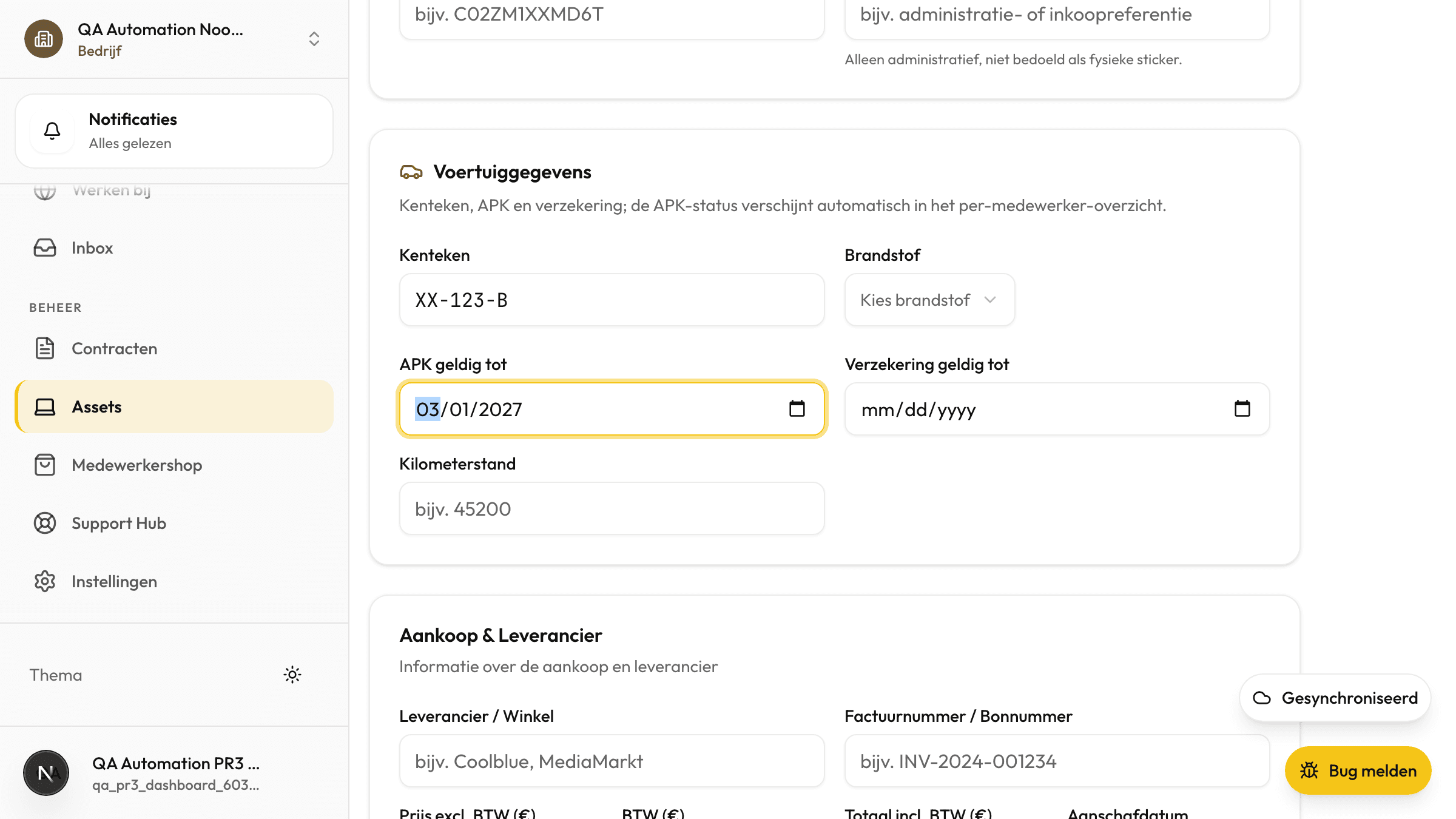 Het asset-aanmaakformulier met de voertuigsectie voor kenteken, APK en verzekering