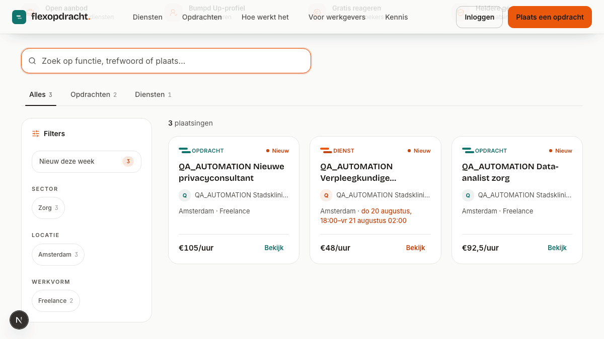 Actuele Flexopdrachten-aanbodpagina met zoekveld, typekeuze, filters en live resultaatkaarten voor opdrachten en diensten