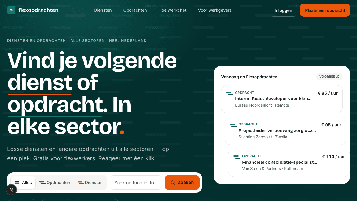 De donkere openingspagina van Flexopdracht met zoekbalk, actuele tellers en het paneel Vandaag op Flexopdracht.