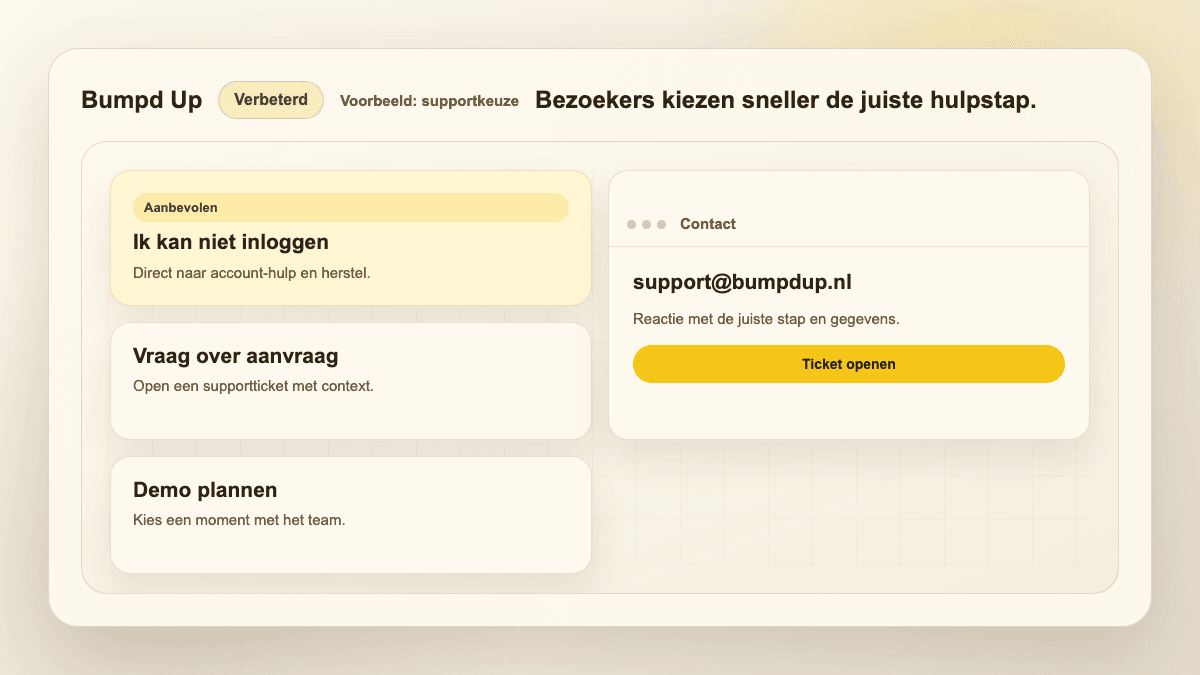 Demo van supportkeuzes met een aanbevolen stap en contactopties
