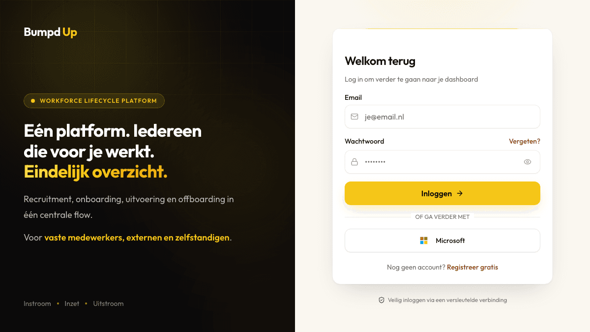Het vernieuwde inlogscherm met donker merkpaneel links en het inlogformulier op een warme achtergrond rechts.