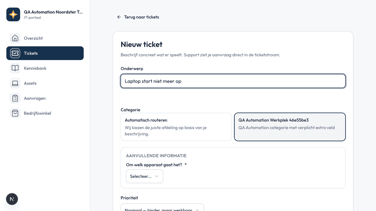 Het vernieuwde ticketformulier in het klantportaal met categoriekaarten, extra formuliervelden en de verwachte reactietijd