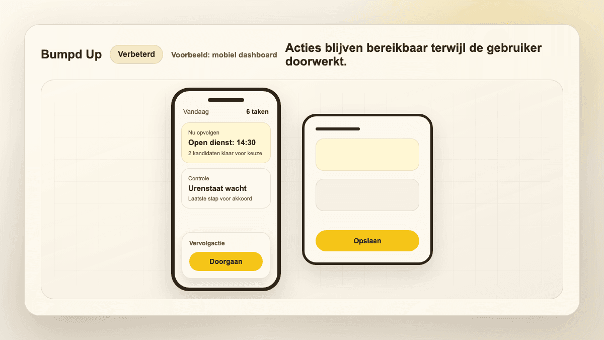 Een scherm met uitgeschakelde acties en uitleg over de eigen rol, naast de marktplaats met actieve filters in de adresbalk