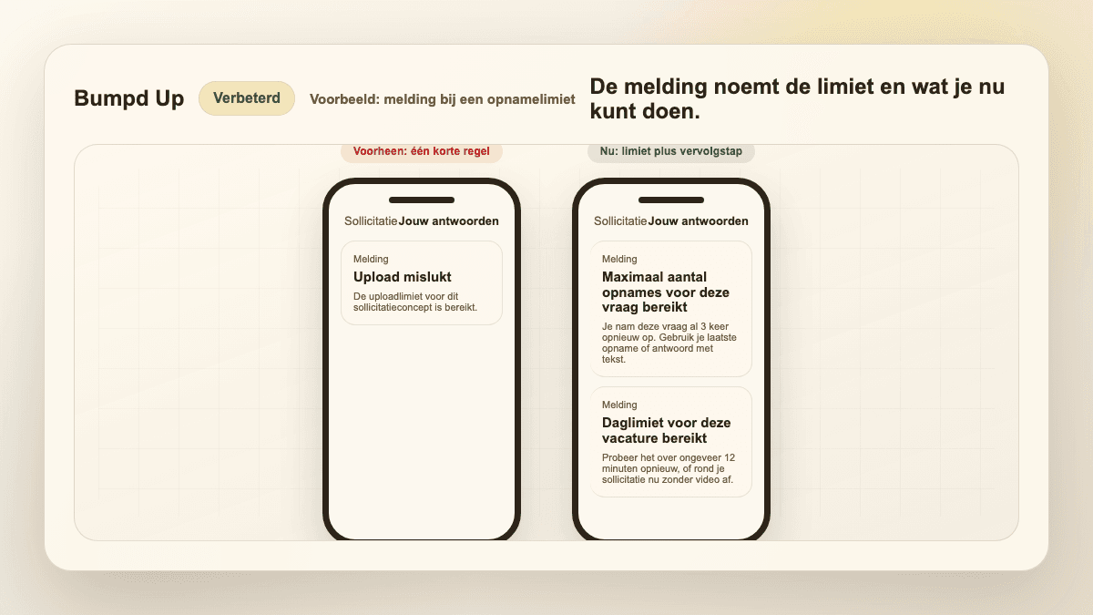 Twee telefoonschermen naast elkaar: links één korte foutregel over een bereikte uploadlimiet, rechts drie meldingen die de limiet benoemen en een vervolgstap geven
