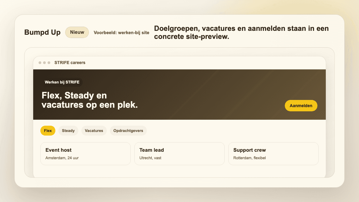 Demo van de STRIFE werken-bij site met doelgroeptabs, vacatures en aanmelden